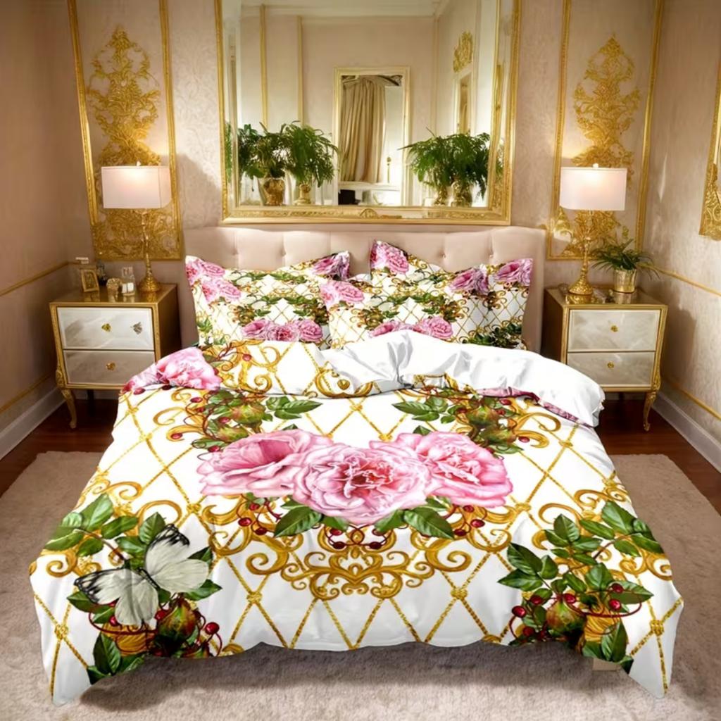 3 шт. Роскошный золотой геометрический принт Комплект постельного белья Барокко Комплект пододеяльника для дома общежития Декор Односпальный King Queen Размер 228x228