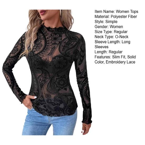 Женские топы с круглым вырезом и длинным рукавом, облегающие, весна-осень, пуловеры, топы, прозрачные, с геометрическим узором, кружевные, цветочные, сетчатые футболки
