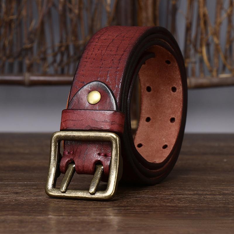 Ремень мужской в ​​корейском стиле, ретро, ​​потертый, модный, уникальный, с двойной иглой, латунная пряжка, натуральная кожа, джинсовый ремень из натуральной яловой кожи
