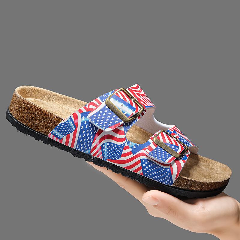 Модные летние балетки с принтом Женские уличные пляжные сандалии Уличные универсальные повседневные тапочки Большого размера Женские сандалии Двойная пряжка Пробка