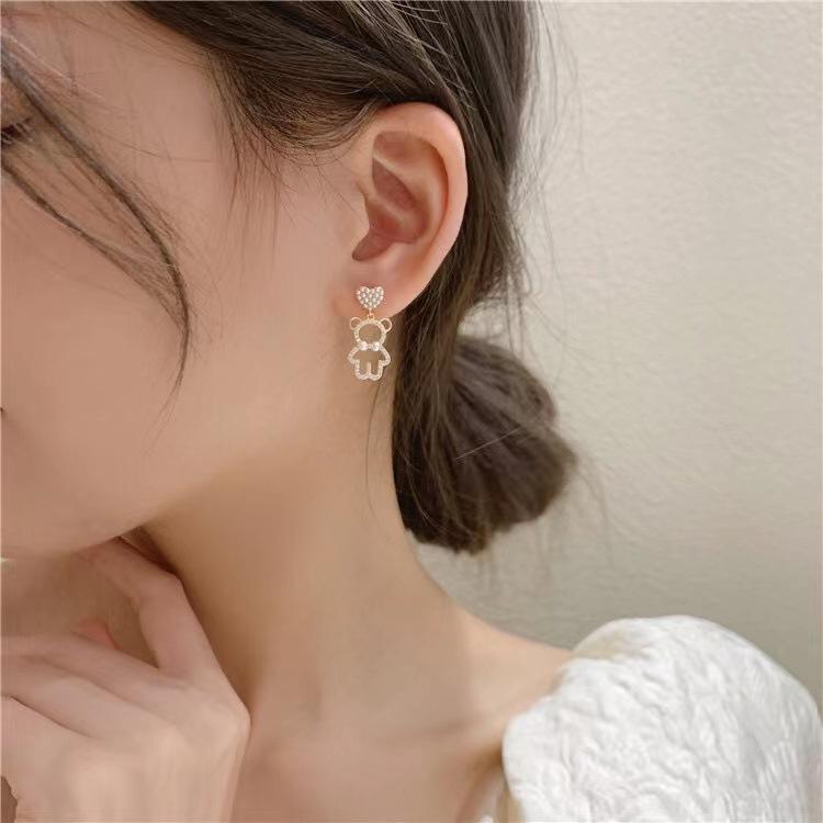 Simulation Pearl Zircon Bear Earrings Female Exquisite Cute Earrings Party Beautiful Jewelry AVE