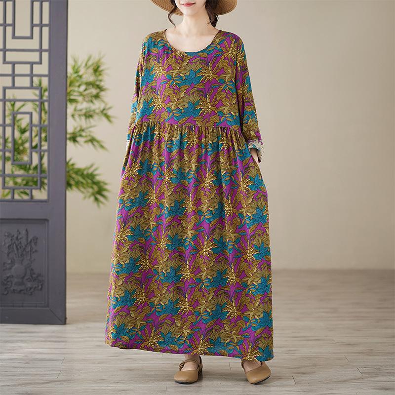 Осеннее художественное ретро-принтовое свободное утягивающее платье с длинными рукавами и средней длиной для женщин