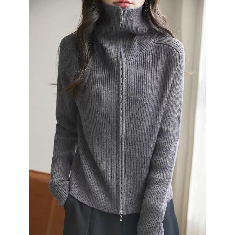 Double Zipper Lapel Knitted Cardigan Women's Spring and Autumn New Loose Versatile Thin Sweater Jacket Casual Outside