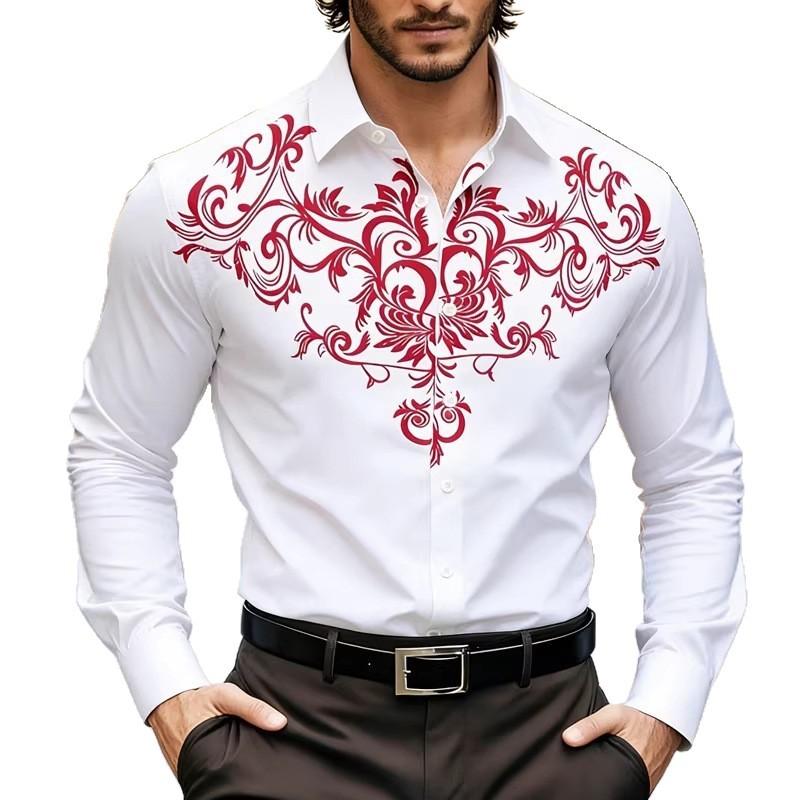 Mens Casual Loose Long Sleeve Retro Pattern Printed Breathable Shirt