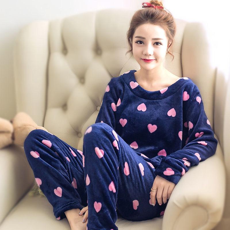 Осенне-зимние фланелевые теплые женские пижамные комплекты с длинным рукавом, женская одежда для сна, персиковый комплект из двух предметов, пижама в полоску из бархата кораллового цвета, домашняя одежда