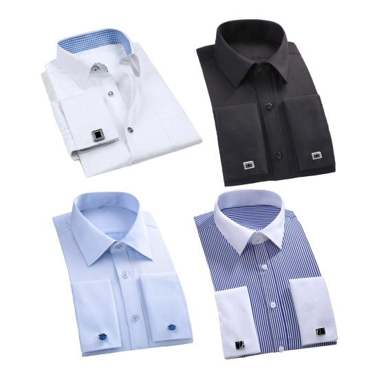 Мужская рубашка Формальный деловой стиль с отложным воротником Однобортный с длинным рукавом Мягкий дышащий сплошной цвет Свободные запонки во французском стиле Мужской офисный топ