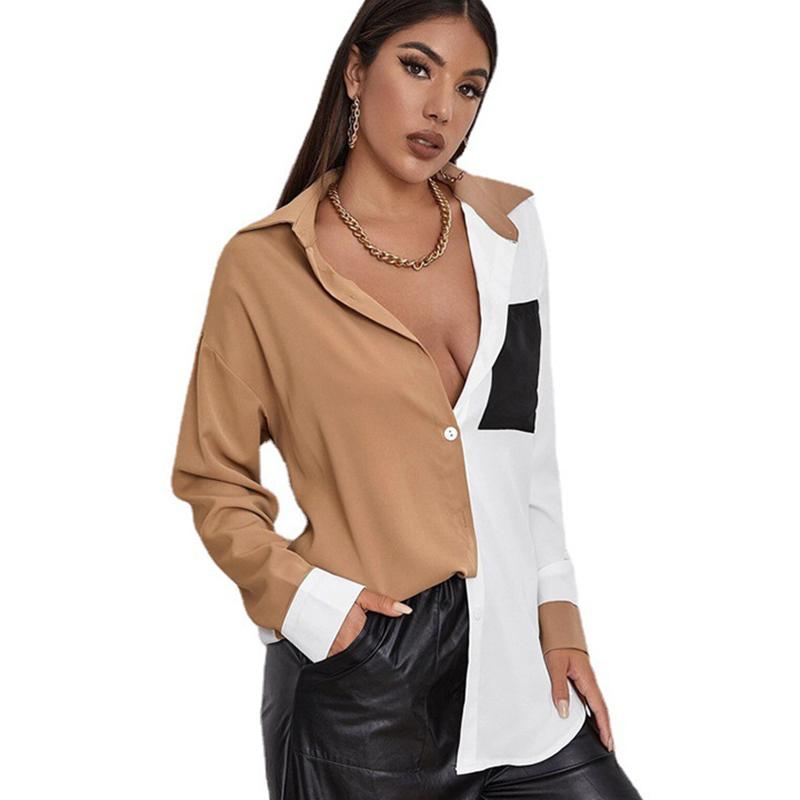 Long Sleeve Elegant Shirt Blouse White Black Button Vintage Turn Down Collar Office Ladies Shirt Casual Color Block Shirts
