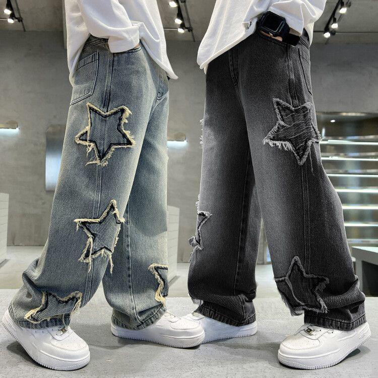 Fashion Teenager Boys Denim Wide Leg Pants Child Trousers Spring Autumn Star Splicing Raw Edge Jeans