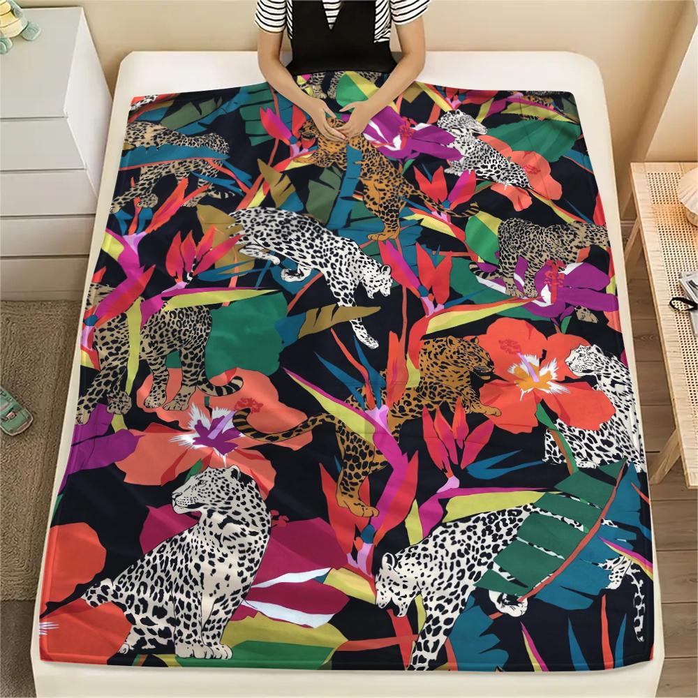 1 шт. Фланелевое одеяло с принтом леопарда из джунглей, Высокое качество, Удобное для всех сезонов, Декор для дома, Тепло и уют, Идеально для рождественских подарков