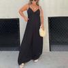 Women Jumpsuit Deep V Neck Backless Wide Pure Leg Loose Sleeveless Color Pleated Spaghetti Strap Casual Vacation Beach