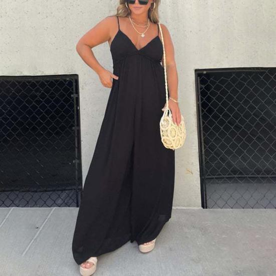 Women Jumpsuit Deep V Neck Backless Wide Pure Leg Loose Sleeveless Color Pleated Spaghetti Strap Casual Vacation Beach
