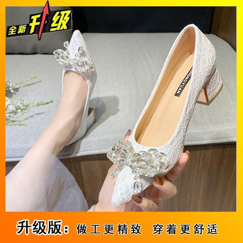 Туфли на толстом каблуке, сексуальные, с мелким вырезом, свадебные, с бантом из стразов, универсальные одинарные туфли, женские, весна-лето 2025, новые туфли с острым носком и средним каблуком
