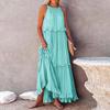Women Vacation Dress Ruffle Off Shoulder Sleeveless Halter Neck Patchwork A-line Loose Pleated Side Pockets Solid Color Cake