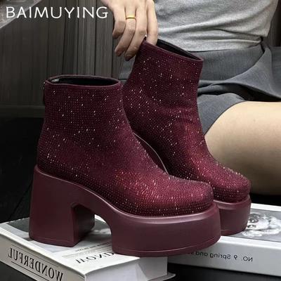 Ботильоны на платформе с кристаллами, женские, на высоком каблуке, роскошная женская обувь 2024 года, зимняя готическая мода, зимние мотоциклетные ботинки для женщин