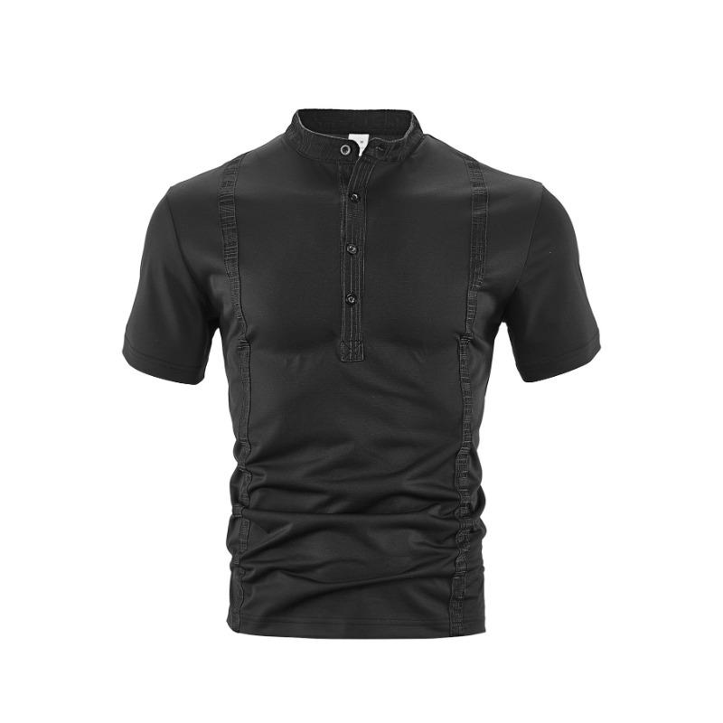 Men Stand Collar Button Placket Short Sleeve Henley T Shirt Slim Fit Casual Top