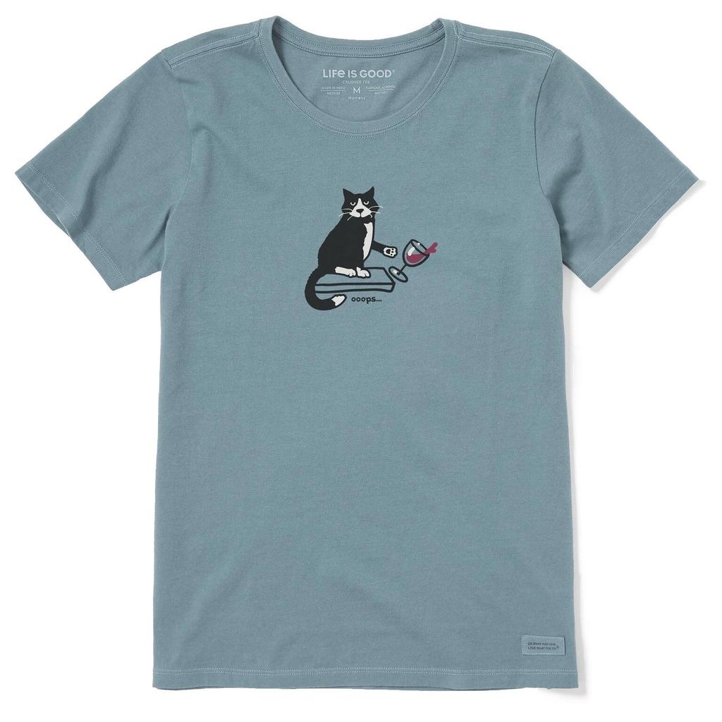 Жизнь прекрасна. Женская футболка-кричер с коротким рукавом "Oops Cat", дымчато-синяя