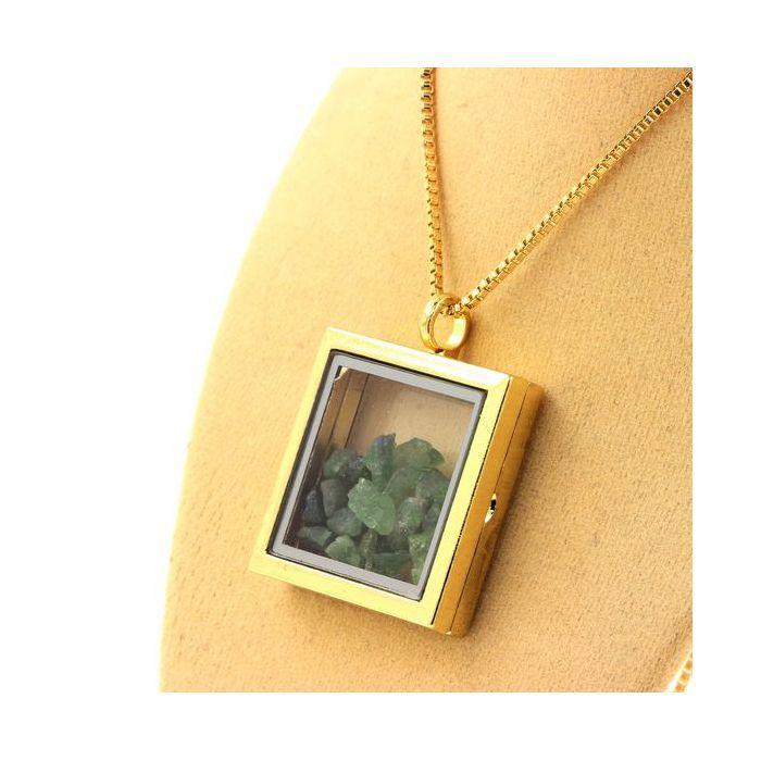 Stones and Minerals. Raw Tsavorite Garnet Necklace. Square Model. Gold Color.