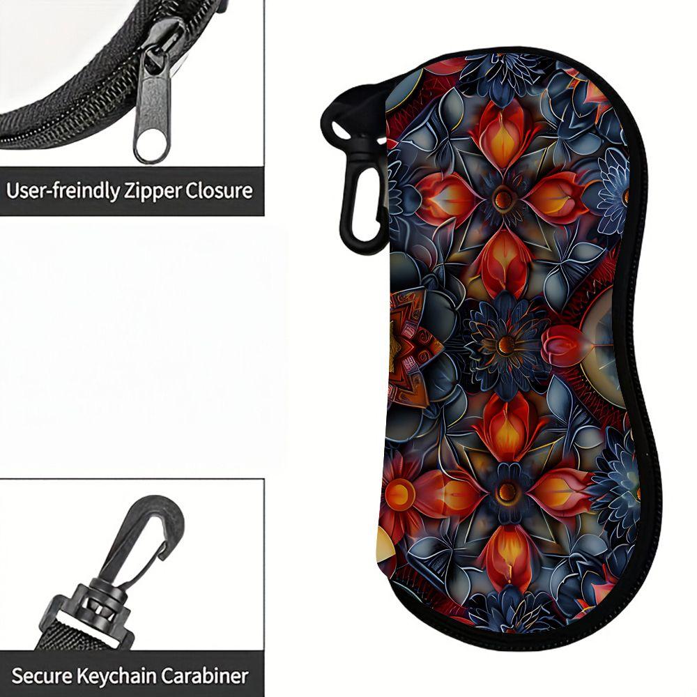 2D-Vintage Floral Print Zipper Sunglasses Case, Protective Eyewear Container with Artistic Mandala Pattern, Portable Travel Glasses Box for Women Acce