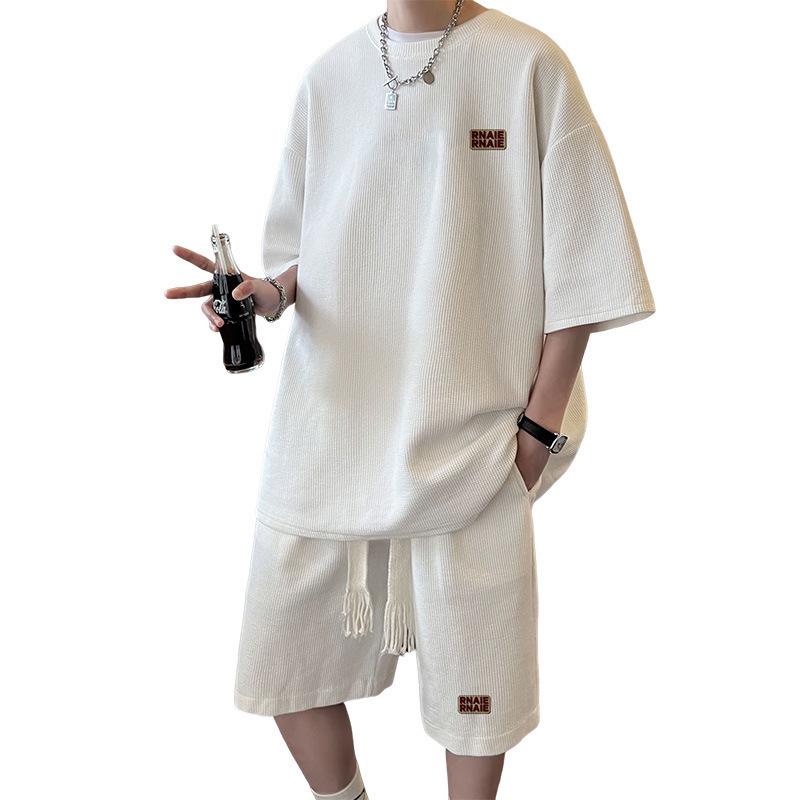 Men's Hong Kong Style Waffle Summer Set - 240g Heavyweight Short Sleeve Sporty Two-Piece