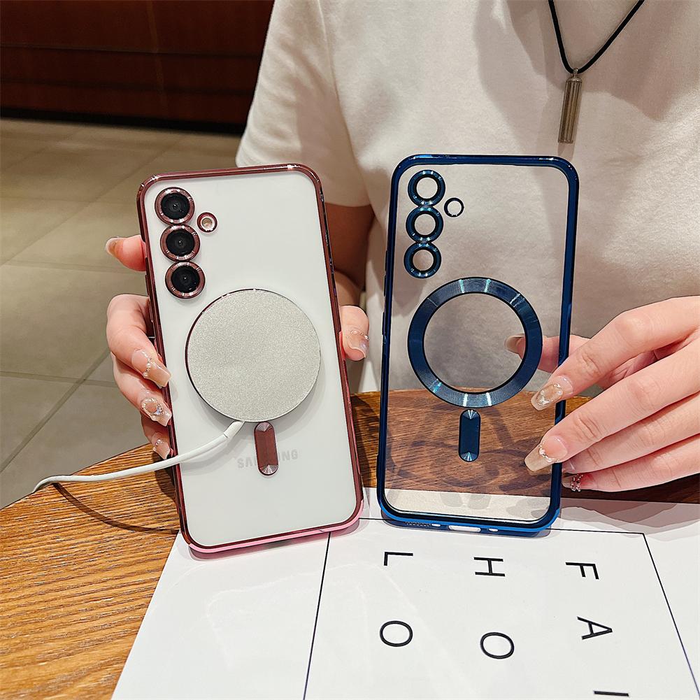 Роскошный прозрачный силиконовый чехол с гальваническим покрытием для телефонов Galaxy A56 A55 A14 A24 A34 A35 Чехол с магнитной защитой объектива Задняя крышка Чехлы для A54