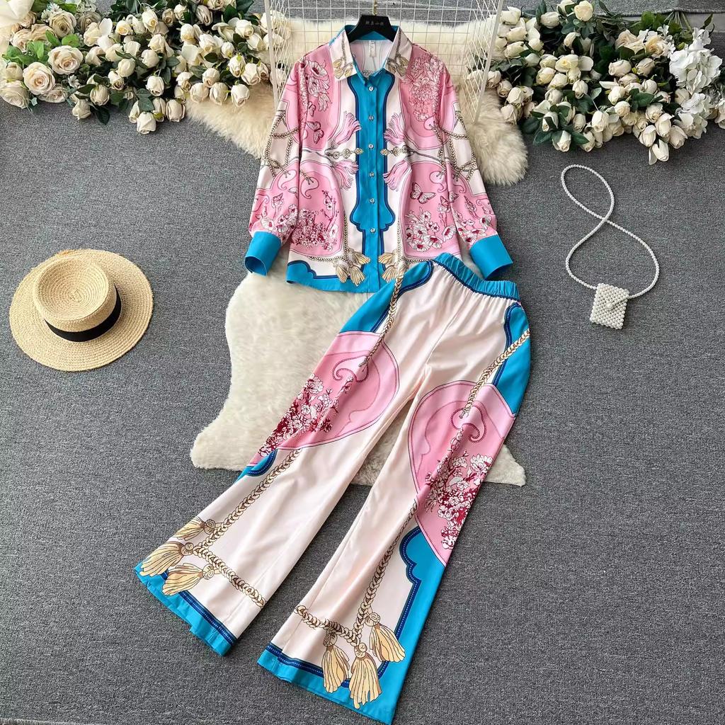 Spring Autumn Runway Designer Chain Flower Print Two Piece Set Women Long Sleeve Shirt Top And Elastic Waist Wide Leg Pant Suit