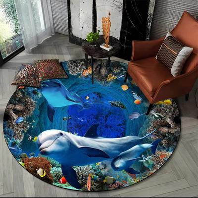 Круглый ковер 3D Иллюзия Морского Дна Дельфин, Коврик с Принтом Подводного Мира Нескользящий для Гостиной, Спальни, Игровой Комнаты, Декора Дома