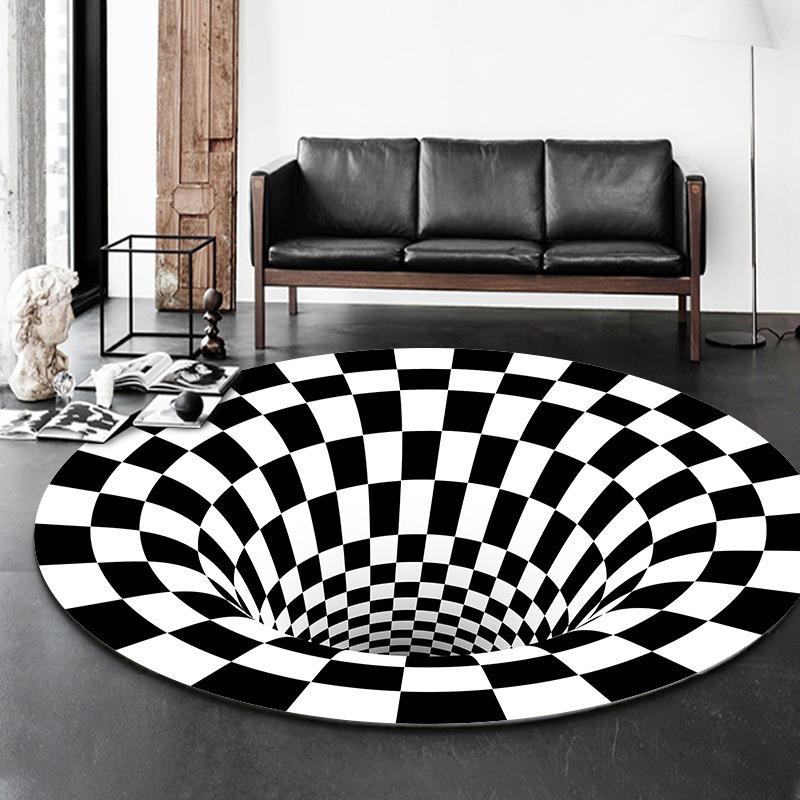 Disney Black White Plaid 3D Visual Carpet Circular Vortex Living Room Coffee Table Sofa Floor Mat Bedroom Home Decor Rug