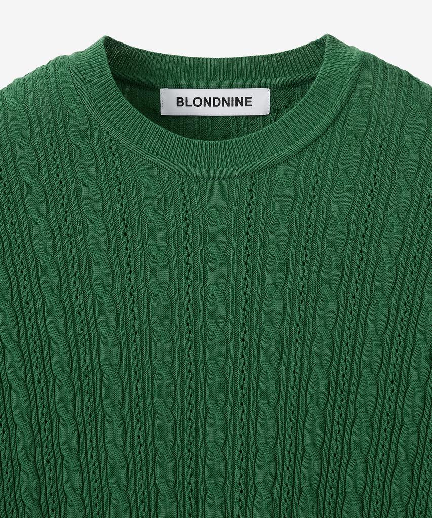BLOND9 Cable Punched Short Sleeve Round Knit_Forest Green