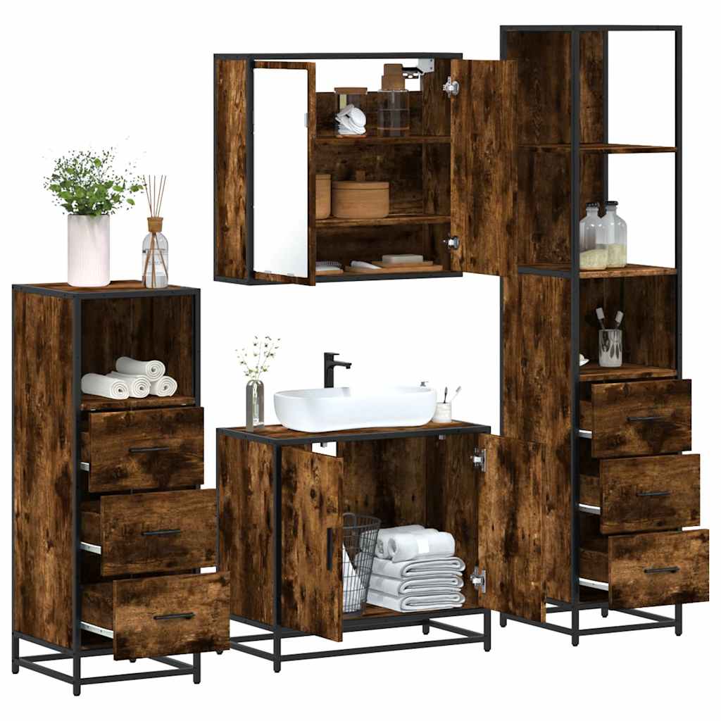 4 Piece Bathroom Furniture Set Smoked Oak Wood Based Material