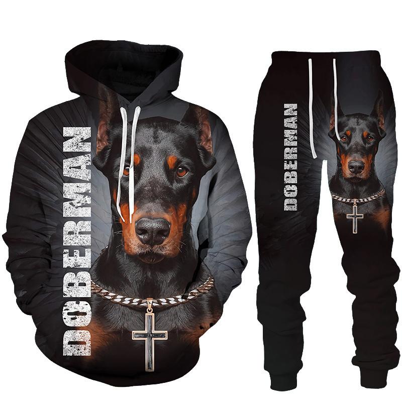 Весенне-осенние толстовки с 3D принтом добермана, спортивные штаны, мужская толстовка с капюшоном, комплекты из 2 предметов, спортивная одежда, спортивный костюм, мужская одежда, костюм