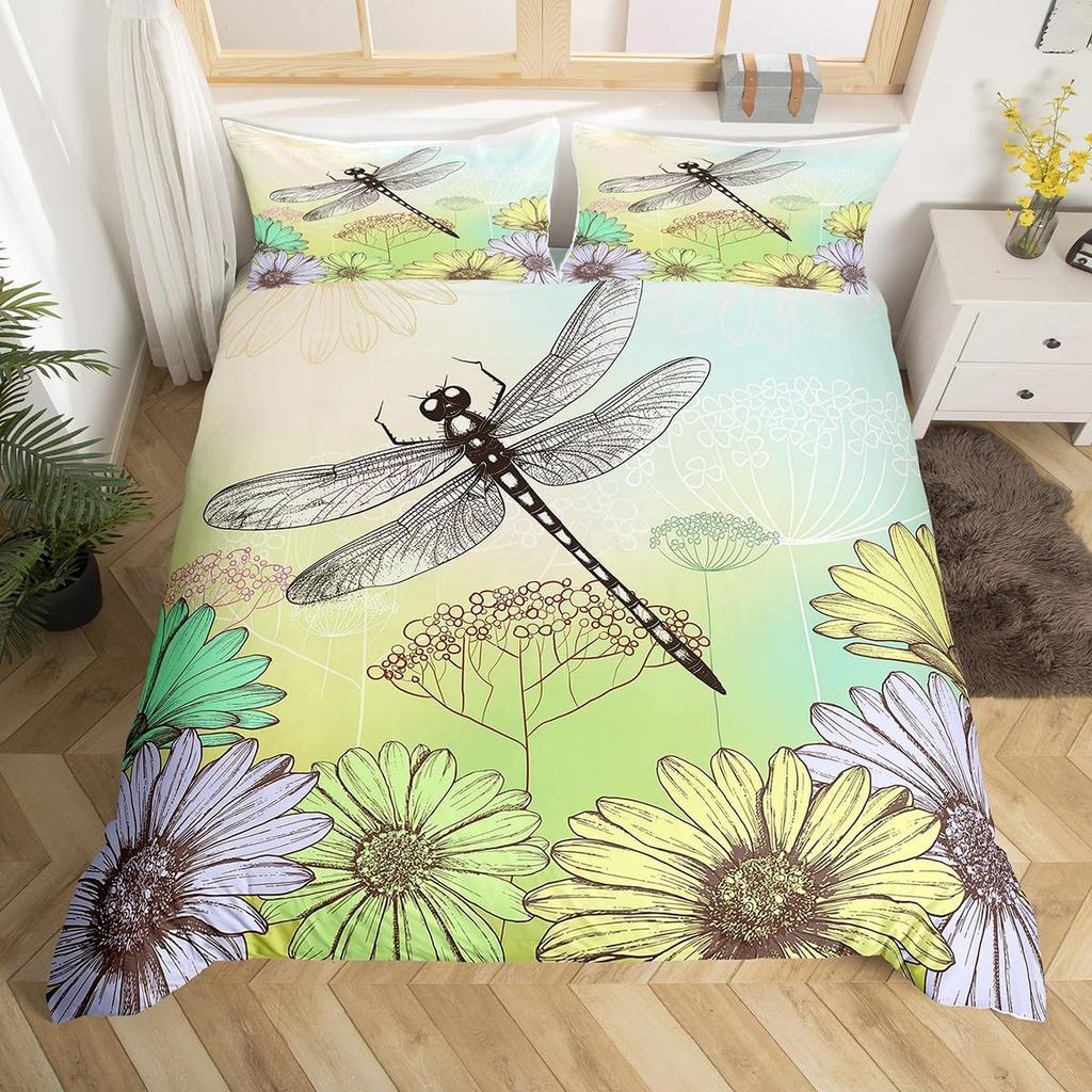 Dragonfly Duvet Cover Queen Botanical Floral Comforter Cover Vintage Style Sunflower Bedding Set Natural Pastoral Spring Decor