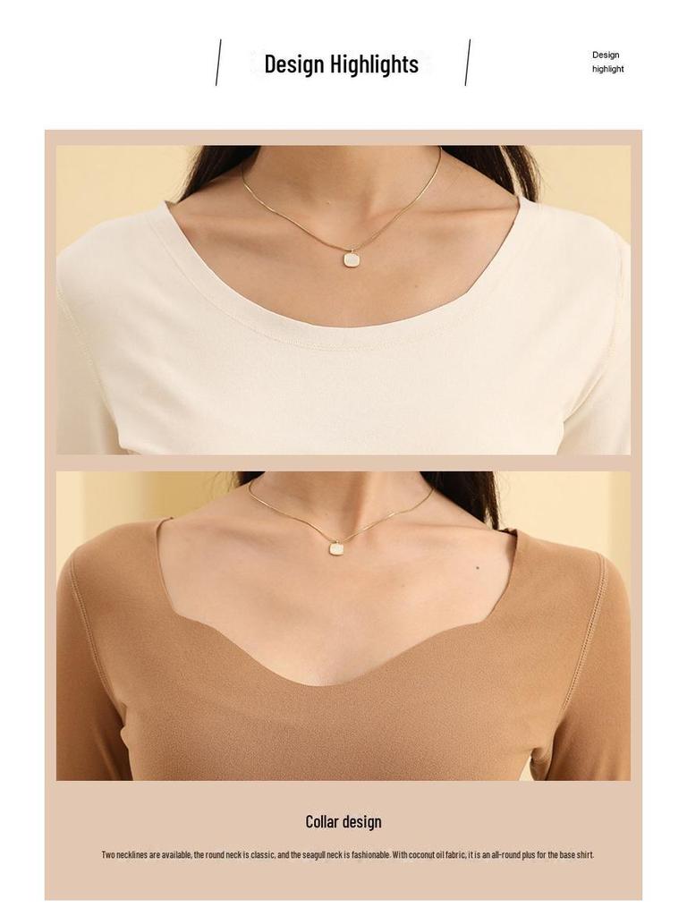 Women's Round Neck Slimming Coconut Oil Infused Shirt - Solid Color, Skin-Friendly, Versatile for Autumn/Winter.