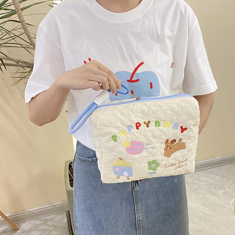 Cartoon Embroidery Women's Cosmetic Bag Soft Polyester Quilting Female Makeup Wash Storage Bags Handle Students Pencil Case