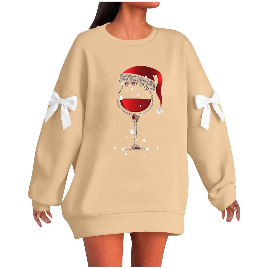 Ladies' Christmas Printed Bow Round Neck Long Sleeved Loose Pullover Sweater Sweatshirt Top