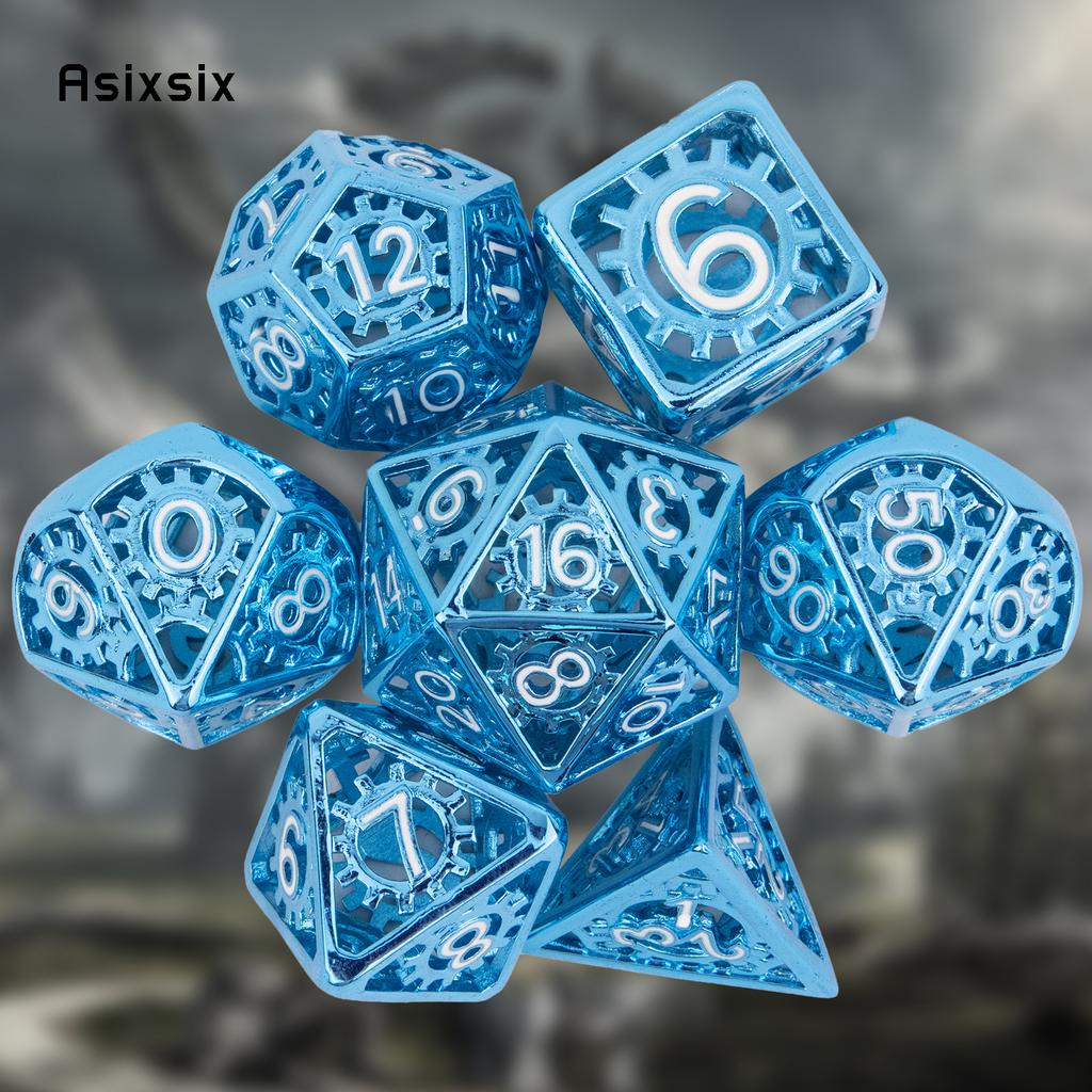 7 Pcs Blue White Gear Wheel Metal Dice Hollow Metal Polyhedral Dice Set Suitable for Role-Playing RPG Board Game Card Game