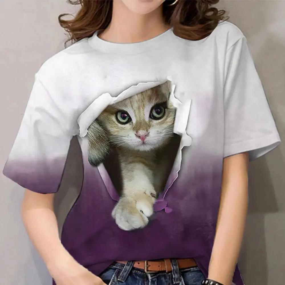 2024 Летние женские футболки с принтом 3D Cat, черные модные женские футболки с короткими рукавами Kawaii, женские летние топы оверсайз