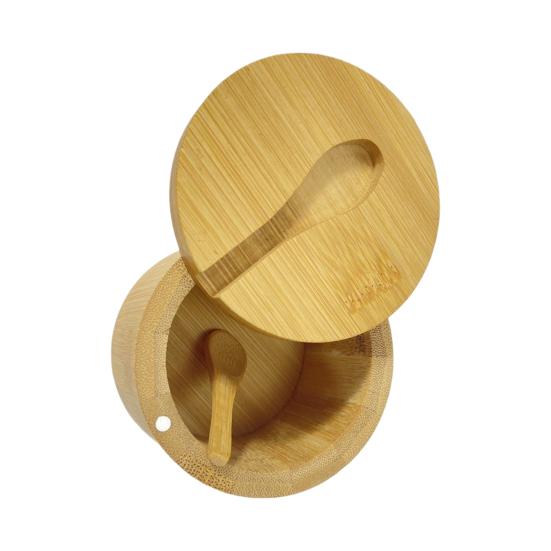 Солонка из бамбука, банка для приправ со встроенными ложками, контейнер для соли для кухни, вращающаяся крышка, коробка для специй для столешницы