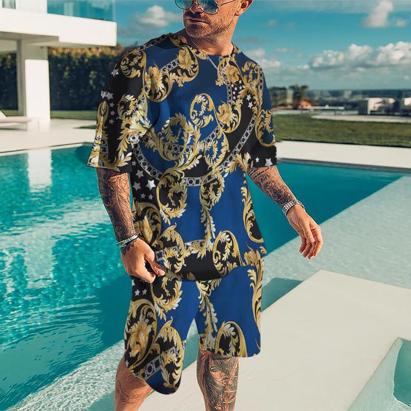 Летний мужской 3D-принтованный золотистый повседневный роскошный комплект футболки и шорт, спортивный костюм для мужчин из 2 предметов, модная мужская одежда, спортивный костюм