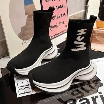 Зимние ботильоны на платформе с толстым каблуком, эластичные, женские, дышащие, теплые, до щиколотки, для женщин, легкие, нескользящие, вязаные ботинки-носки