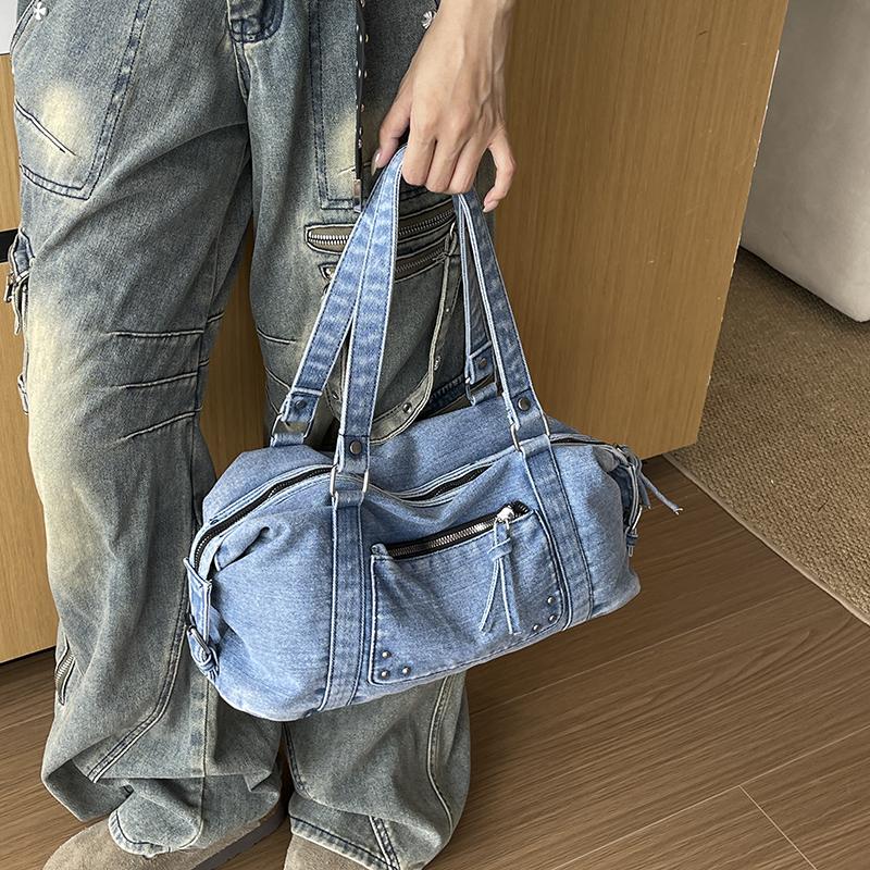 Women Denim Shoulder Bag Casual Tote Handbag with Multi Zipper Pockets