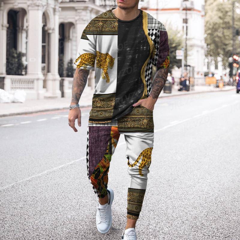 New Boutique Leopard Print Men’s Trousers Tracksuit 2 Piece Set Streetwear Short Sleeve T Shirt+Long Pants Clothes Male Clothing
