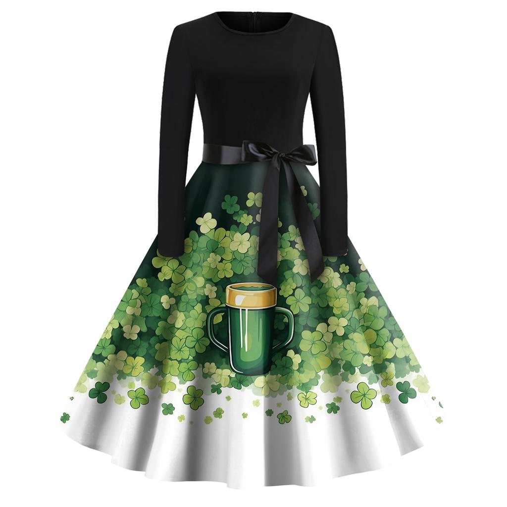 Women's Fashion Round Neck Casual Slim St Patrick's Day Printed Long Sleeve Dresses
