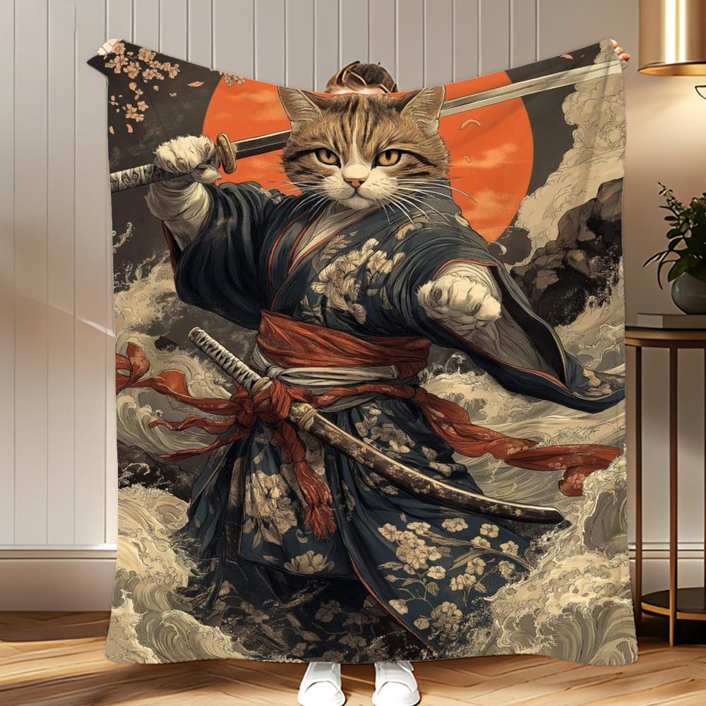 art theme Japanese Style Cat Throw Soft Coral Fleece Blanket 310gsm Fluffy Warm Throw for Sofa Bed Couch Bedroom Decor