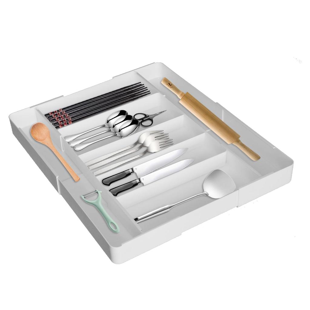 PakOne Cutlery Expandable Adjustable Cutlery Dish Kitchen Easy To Small Item Cosmetics Stationery X X Storage Box Expandable X X Case, 4-Sided Drawer,