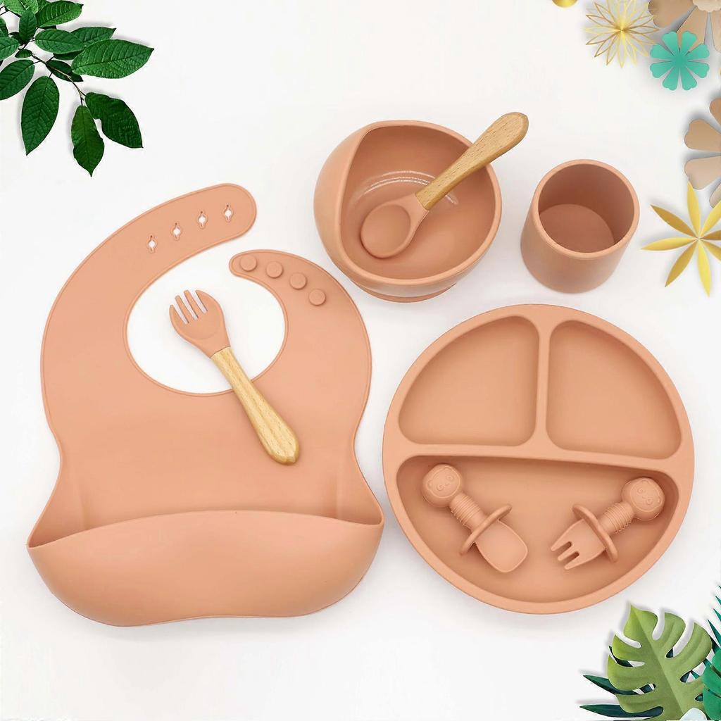8 Pcs Baby Silicone Bibs Divided Dinner Plate Suction Bowl Spoon Fork Cup Set Deep Orange Red