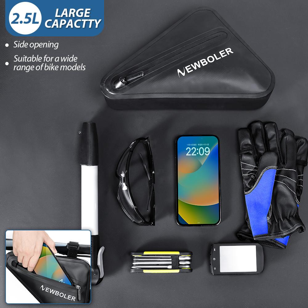NEWBOLER 100% Waterproof Cycling Tube Bag 2.5L MTB Road Bike Triangle Bag Cycling Frame Front Bags Repair Tools Pannier Bike Bag