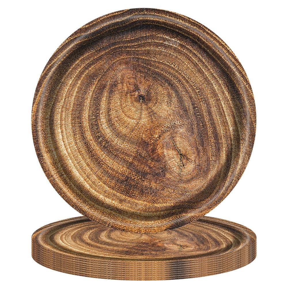 10pcs Round Imitation Wood Grain Disposable Plate Vintage Paper Food Tray Disposable Dish Picnic