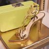 Fashion 2025 Golden Branch And Jade Leaf High Heels, Women'S Thin Heels, Elegant And High-End, Summer Pointed-Toe Golden Sandals