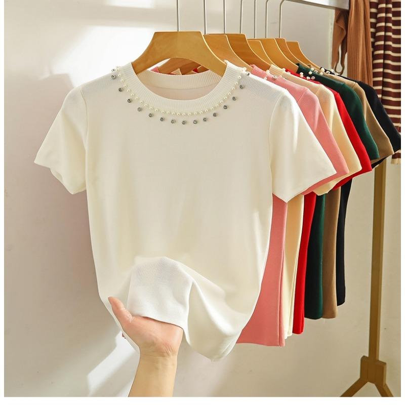 Women's Summer Short Sleeve Knitted T-shirt New Fashion O Neck Beaded Knit Elegant Short Top Female Casual Simple Solid Color Ladies Tshirt 3112