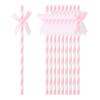 60pcs Ribbon Bow Striped Paper Straws, Disposable Straws for Weddings, Birthday Parties, Cake Decorations, Pink